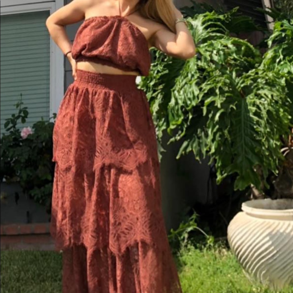 H&M rust brown lace maxi long skirt and top